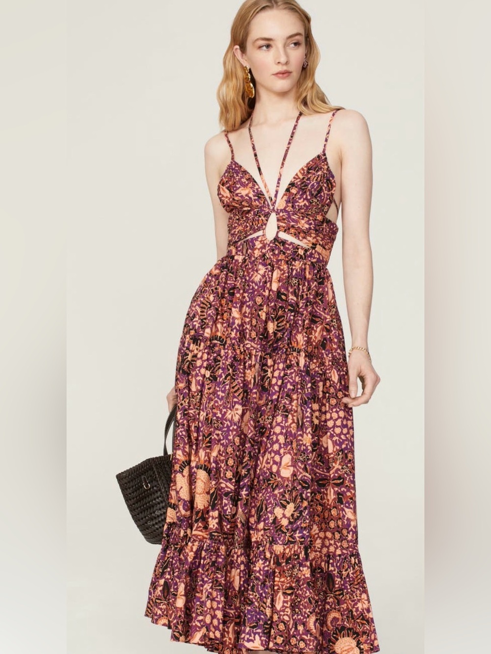 Ulla Johnson Purple & Peach Floral Cutout Maxi Skirt